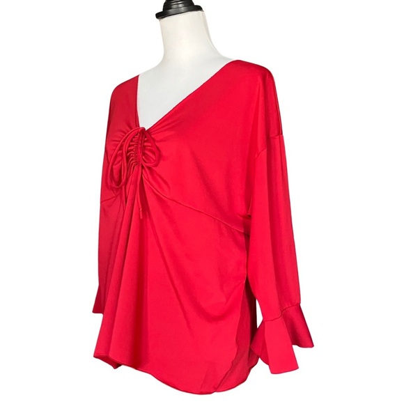 Vintage 90s 3X Red Silky Satin Flowy Ruched Bow Top with V Neck Flared Sleeves - Picture 3 of 10